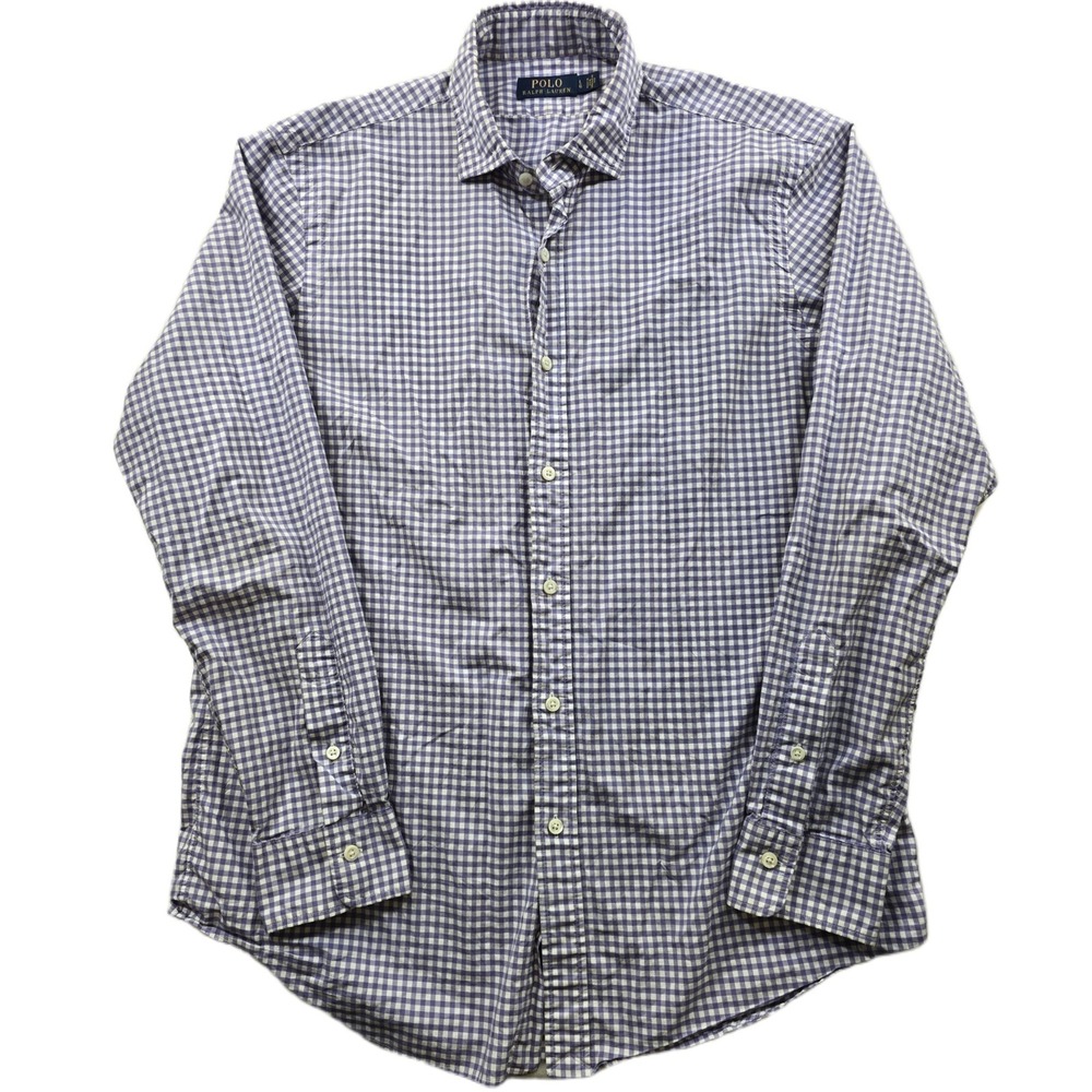Polo Ralph Lauren Poplin Shirt Mens Large Purple White Gingham Cotton Button‎ Up